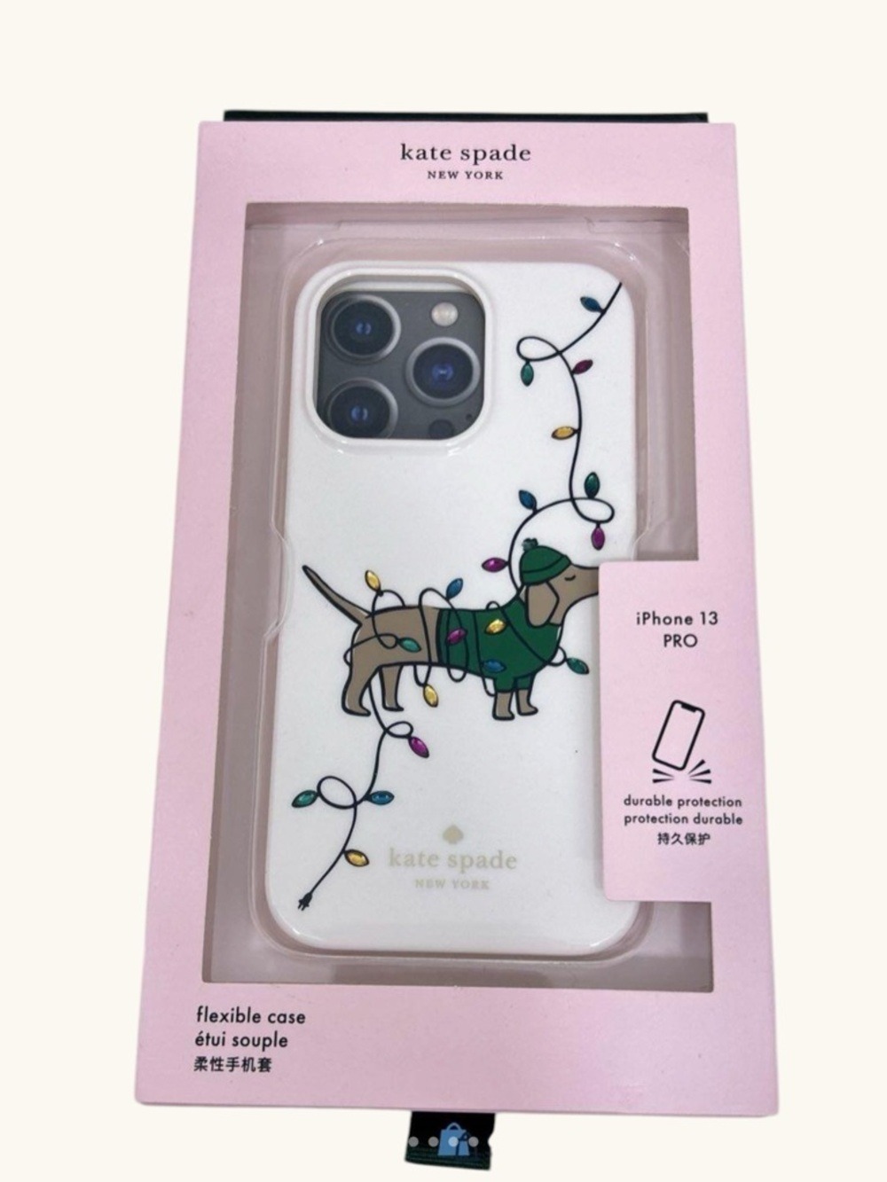 kate spade New York White iPhone 13 Pro Case with Festive Dachshund